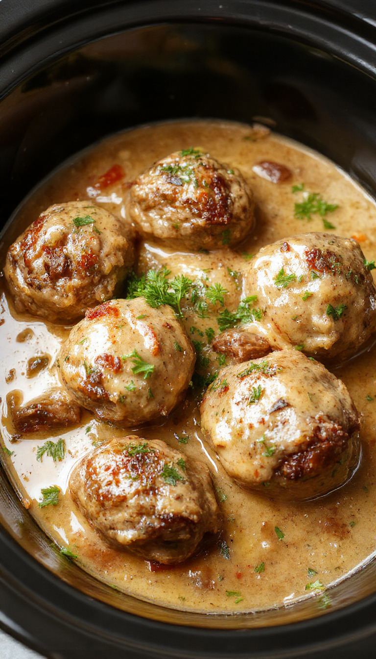 A comforting plate of Slow Cooker Salisbury Steak Meatballs served with mashed potatoes and steamed vegetables, garnished with parsley.