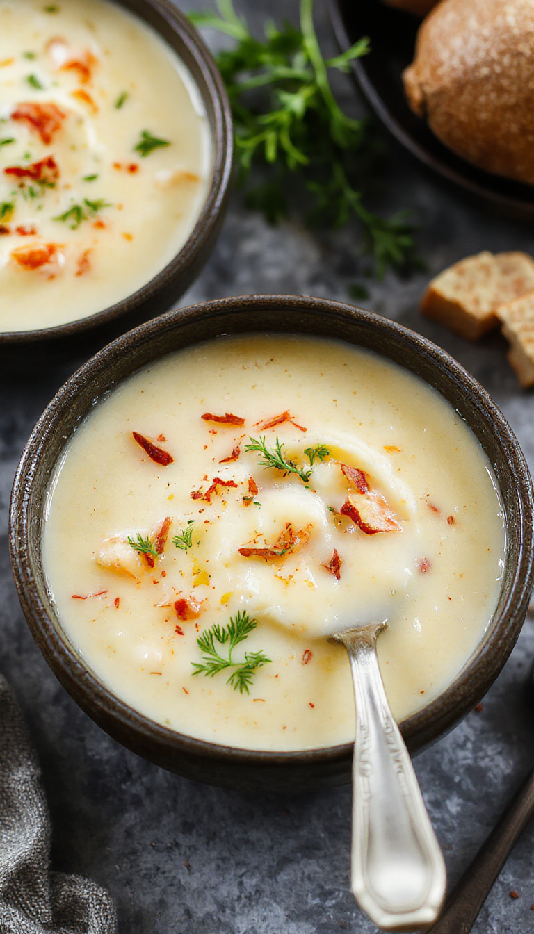 A steaming bowl of creamy, cheesy potato soup in a rustic bowl garnished with chopped green onions and shredded cheese, set against a cozy kitchen background.