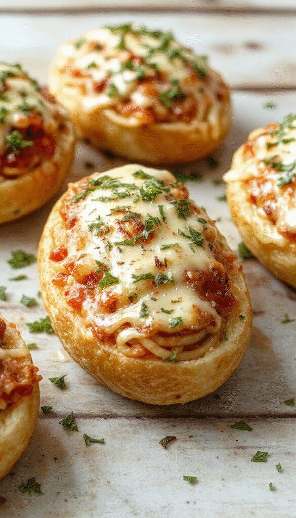 Golden garlic bread boats filled with al dente spaghetti topped with melted cheese, garnished with fresh herbs and served on a rustic plate.