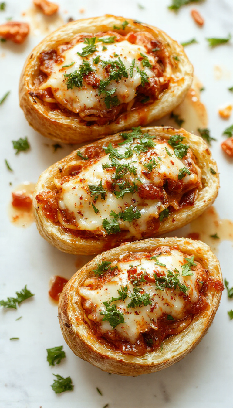 A close-up of garlic bread boats filled with savory spaghetti, topped with melted cheese and fresh herbs, on a rustic wooden table.
