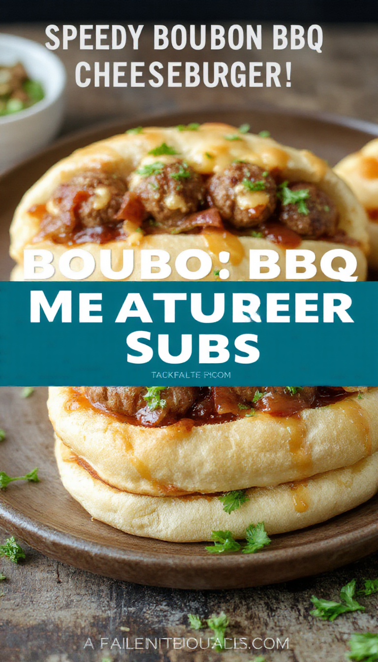 A delicious Speedy Bourbon BBQ Bacon Cheeseburger Meatball Sub sandwich with melted cheese, crispy bacon, and flavorful meatballs topped with BBQ sauce in a toasted bun.