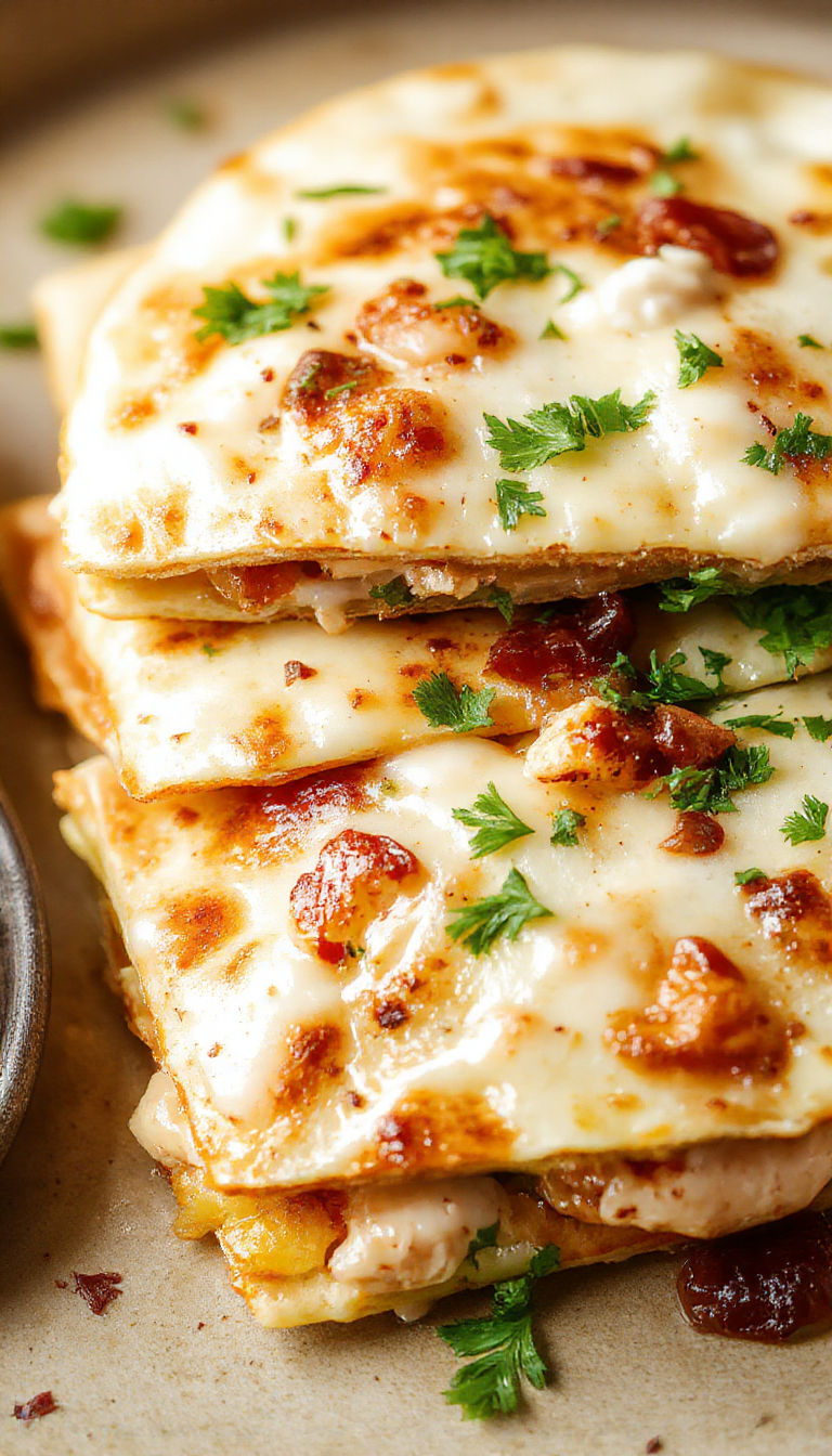 A plate of golden chicken bacon ranch quesadillas garnished with fresh herbs, sliced into triangles to showcase melted cheese and flavorful fillings