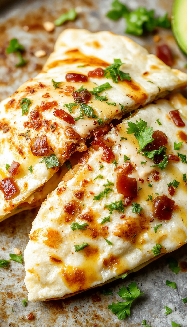A close-up of crispy quesadillas filled with grilled chicken, crispy bacon, melted cheese, and creamy ranch sauce, served on a plate garnished with herbs.