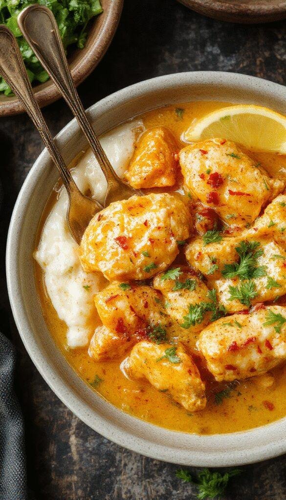 A plate of creamy butter chicken garnished with fresh herbs, served with steamed rice and naan bread on a wooden table.