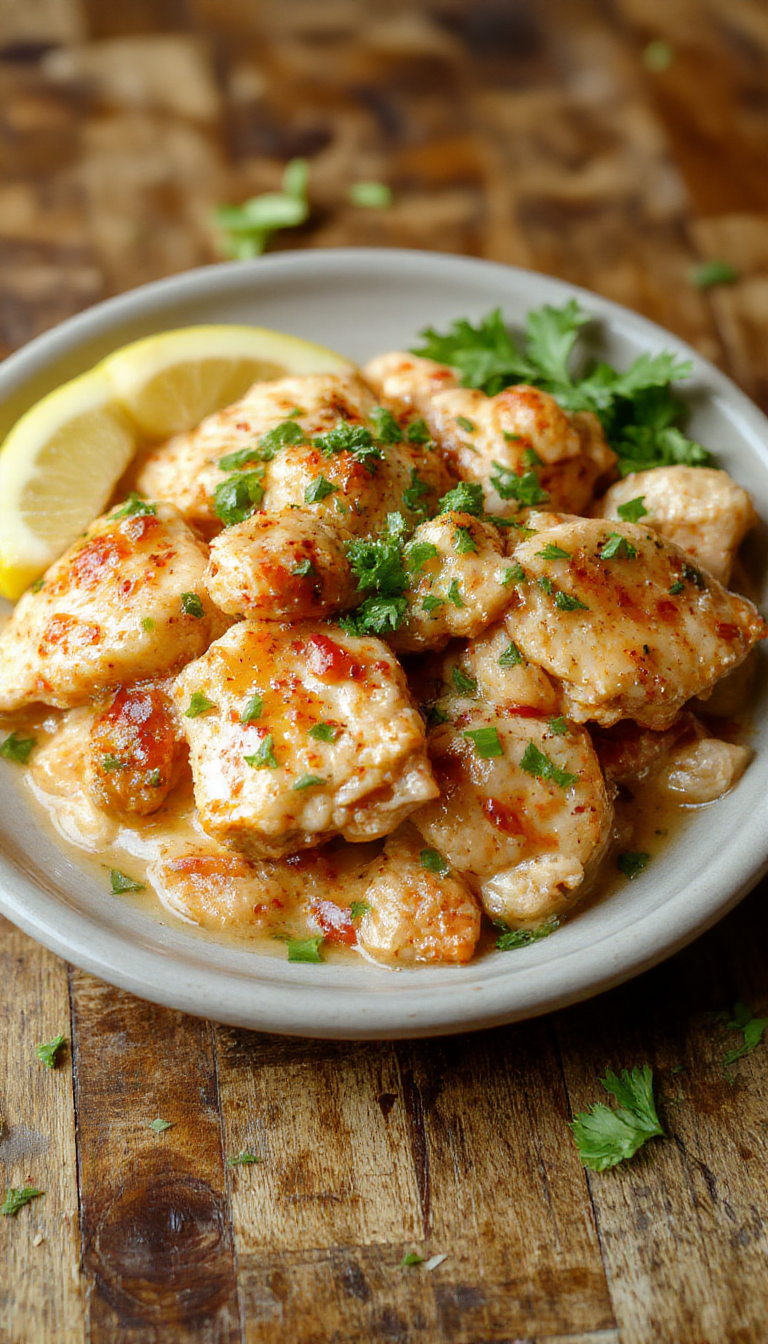 A vibrant plate of homemade butter chicken garnished with fresh cilantro, served alongside warm naan bread and basmati rice.