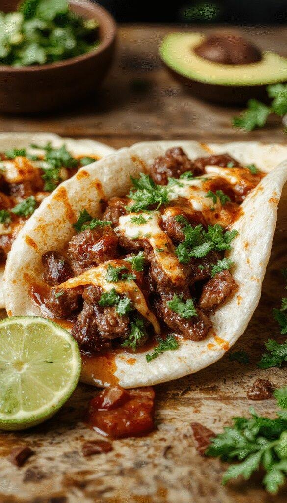 A plate of spicy beef birria tacos filled with tender beef, topped with chopped onions and cilantro, served with a side of rich beef consomé.