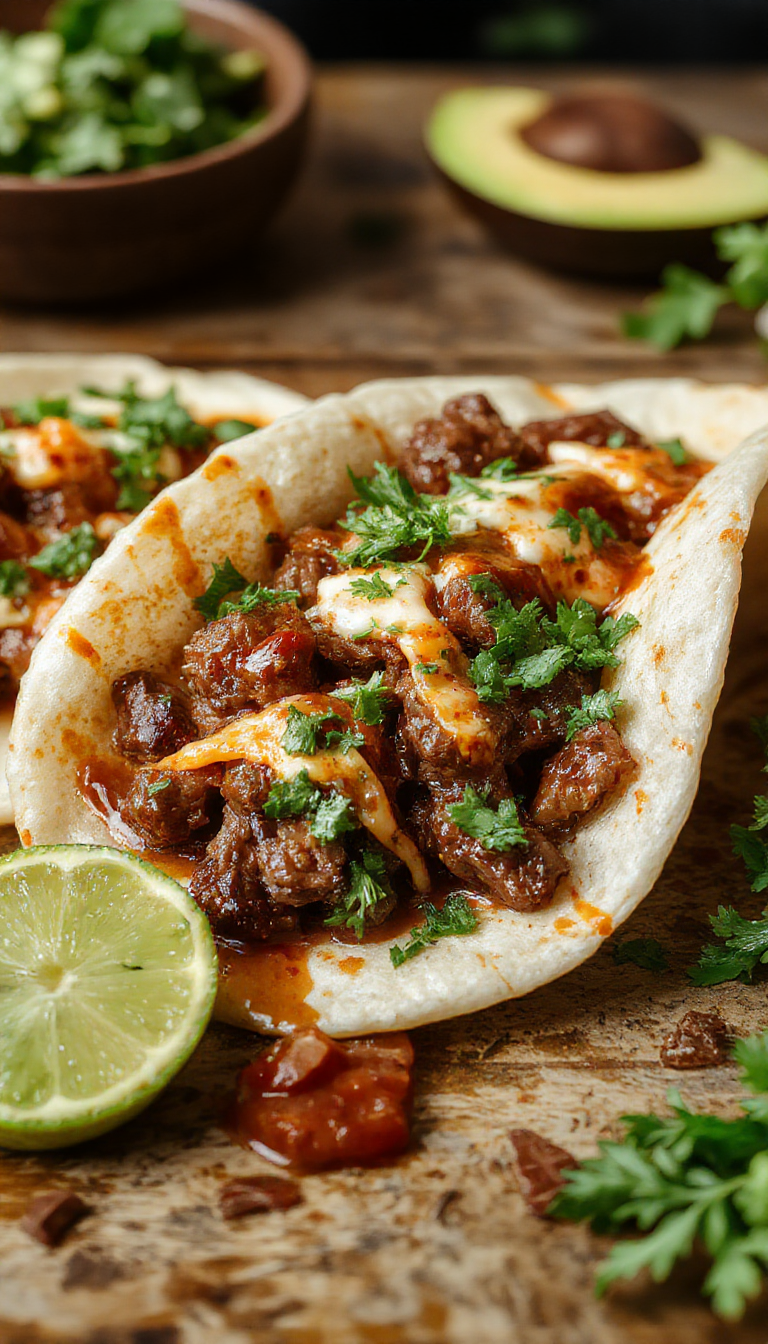 A plate of spicy beef birria tacos filled with tender beef, topped with chopped onions and cilantro, served with a side of rich beef consomé.