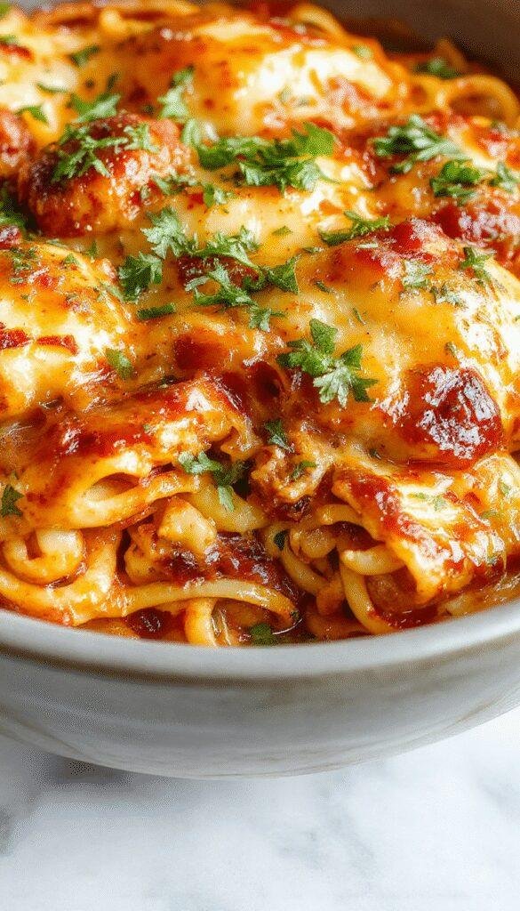 A cheesy, spicy Southern chicken spaghetti bake served in a rustic casserole dish with a crispy golden top.