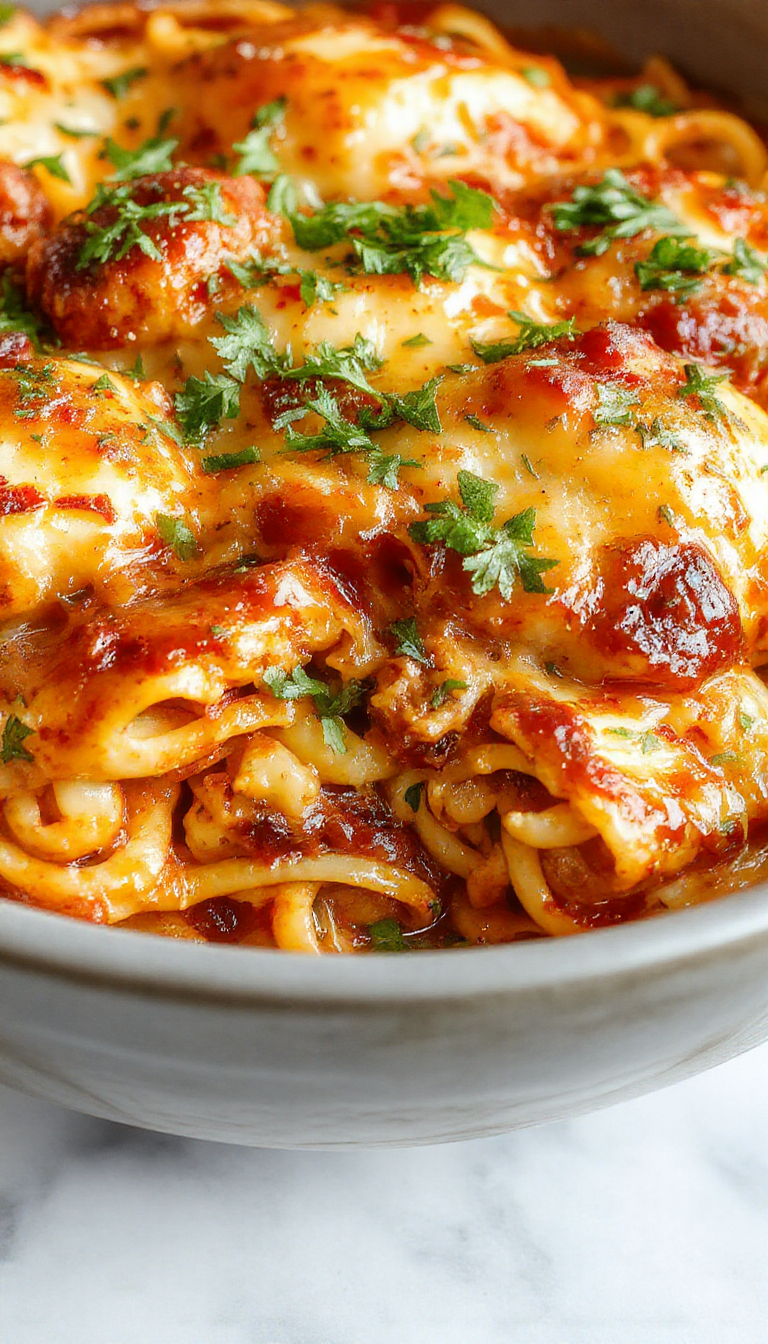 A cheesy, spicy Southern chicken spaghetti bake served in a rustic casserole dish with a crispy golden top.