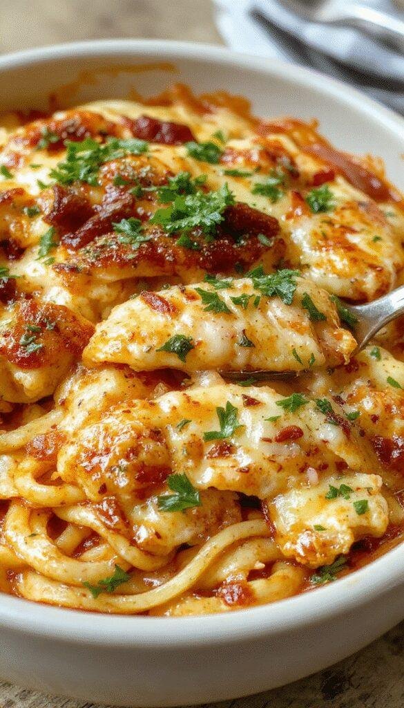 A delicious Spicy Southern Chicken Spaghetti Bake served in a baking dish, topped with melted cheese and fresh herbs.
