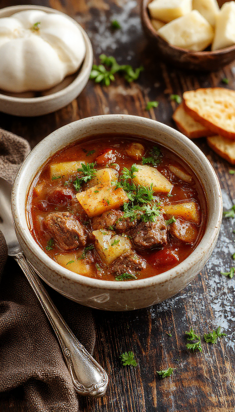 A steaming bowl of spooky beef stew garnished with chopped herbs, surrounded by Halloween-themed decorations like mini pumpkins and cauldrons.