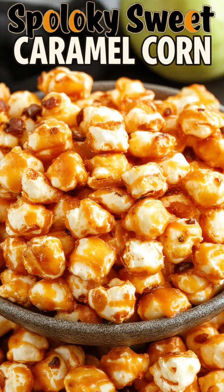 A bowl of Spooky Sweet Caramel Corn decorated with Halloween-themed candies and black and orange sprinkles, perfect for fall festivities.