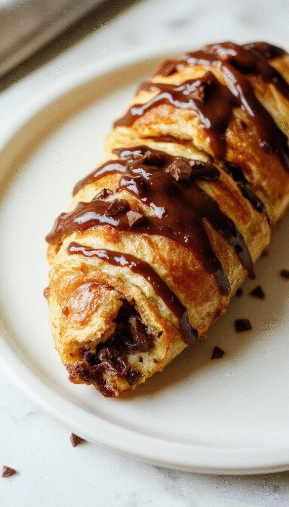 A golden, flaky chocolate croissant morning bake topped with powdered sugar and fresh berries, served on a rustic wooden table.