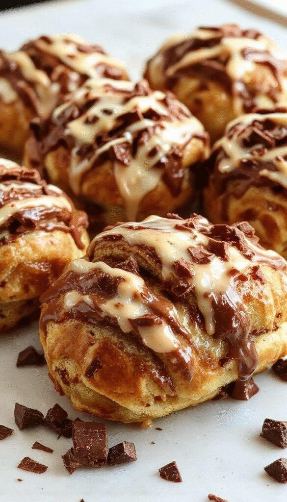 Freshly baked chocolate croissants on a rustic wooden tray with a cup of coffee.