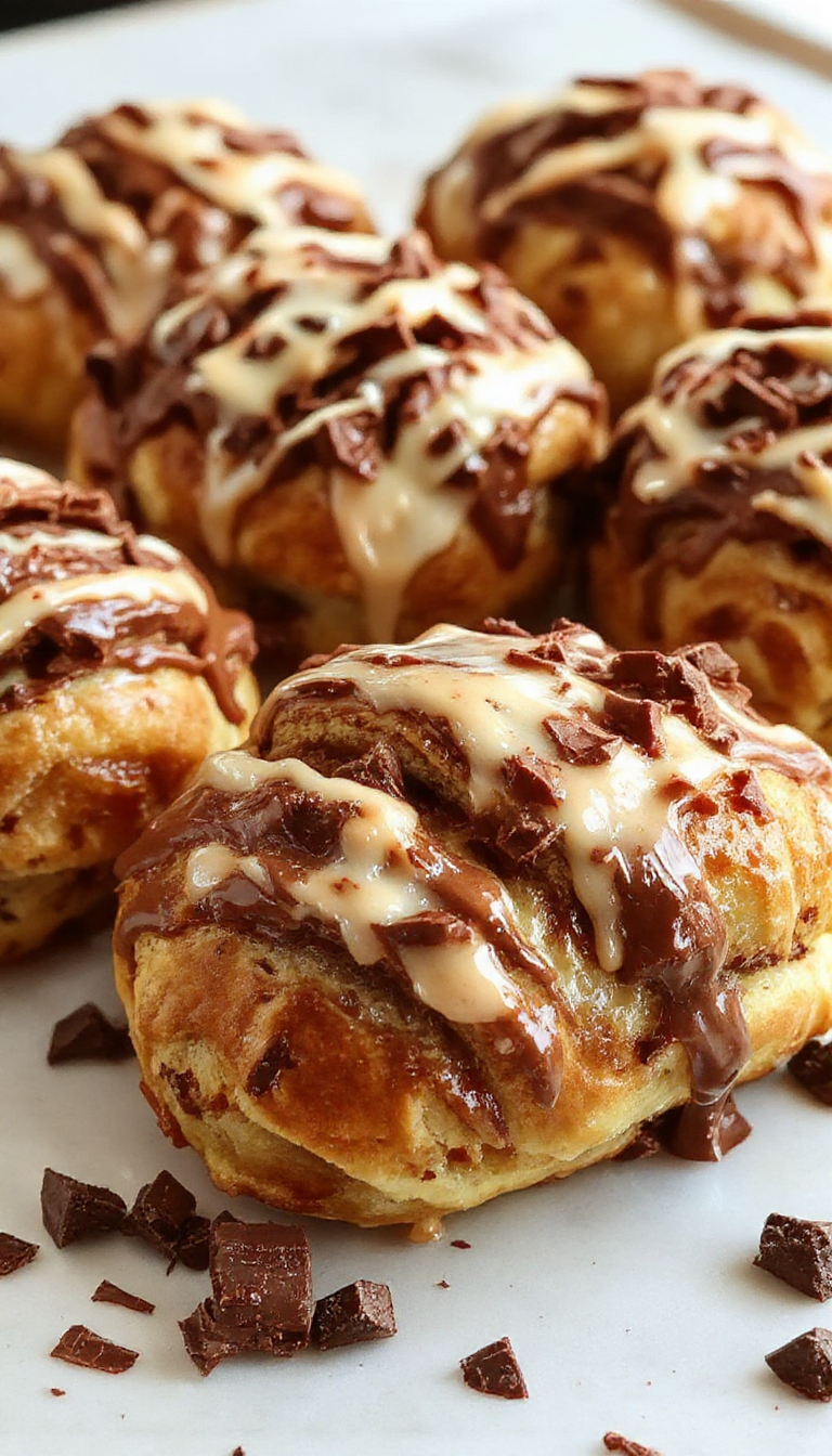 Freshly baked chocolate croissants on a rustic wooden tray with a cup of coffee.