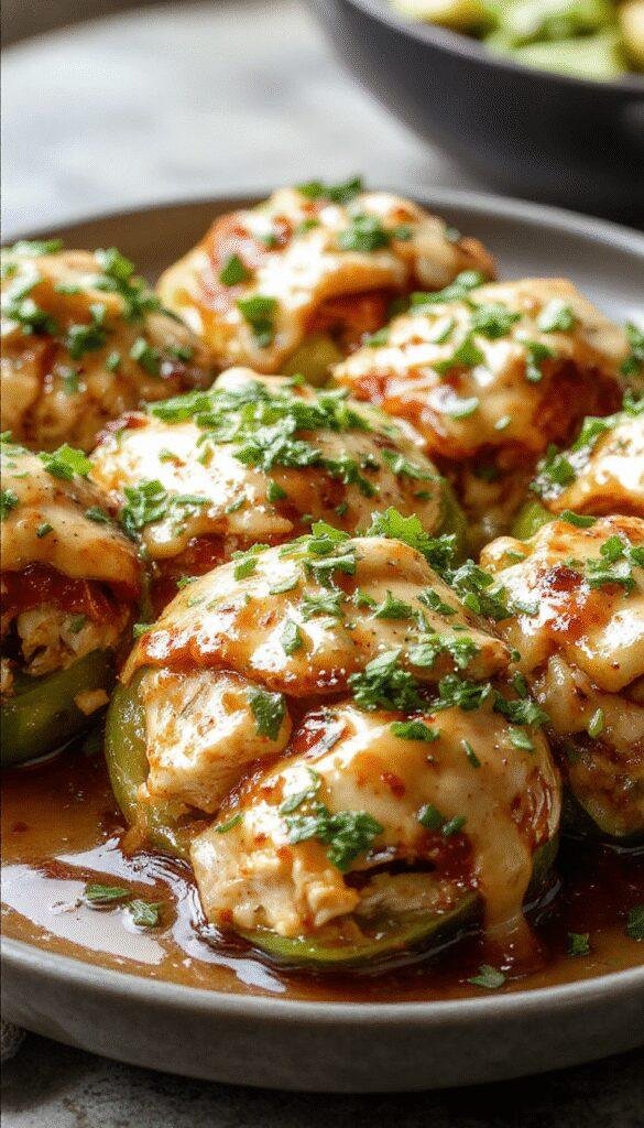 Colorful stuffed peppers filled with teriyaki chicken and tropical fruits on a platter