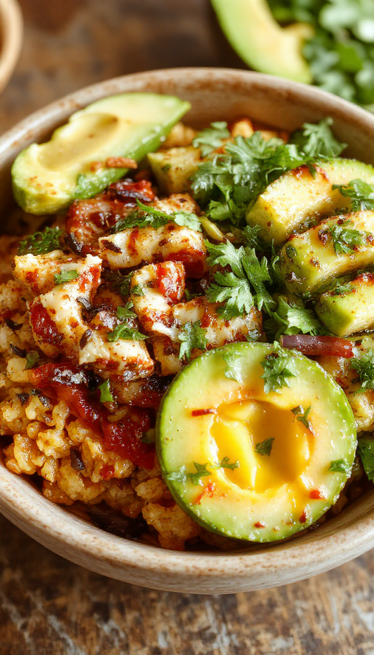 A vibrant taco rice bowl topped with fresh vegetables, seasoned ground beef, and shredded cheese, served in a deep bowl on a wooden table.