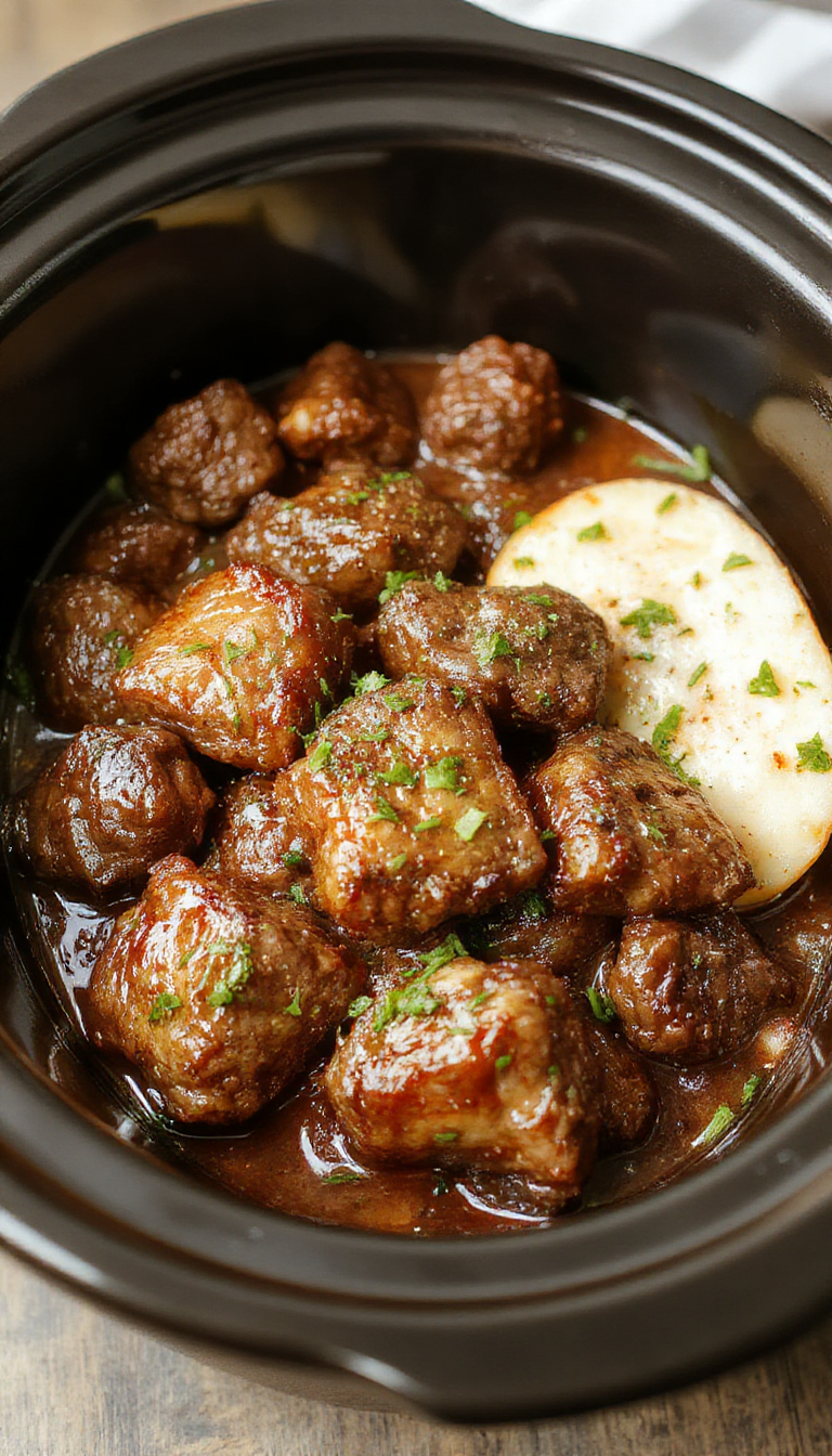 A bowl of tender slow cooker beef bites garnished with fresh herbs, served alongside roasted vegetables on a rustic plate.