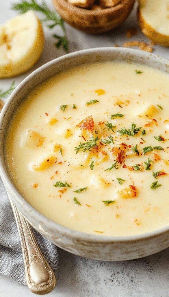 A steaming bowl of creamy cheddar garlic herb potato soup garnished with chopped herbs and crispy bacon bits, served with crusty bread on the side.