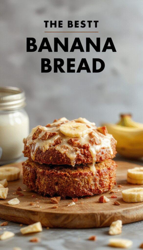 A freshly baked loaf of banana bread resting on a rustic wooden cutting board, with ripe bananas and walnuts beside it.