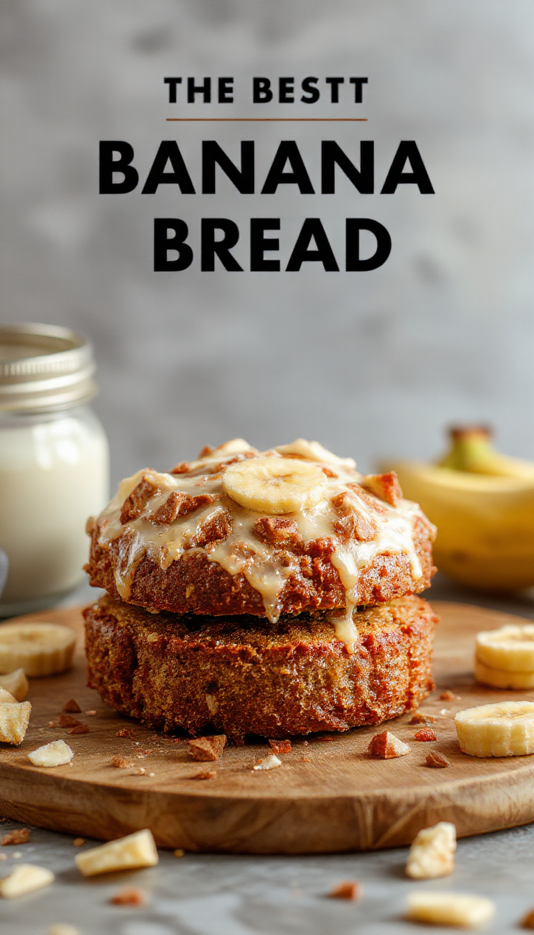 A freshly baked loaf of banana bread resting on a rustic wooden cutting board, with ripe bananas and walnuts beside it.