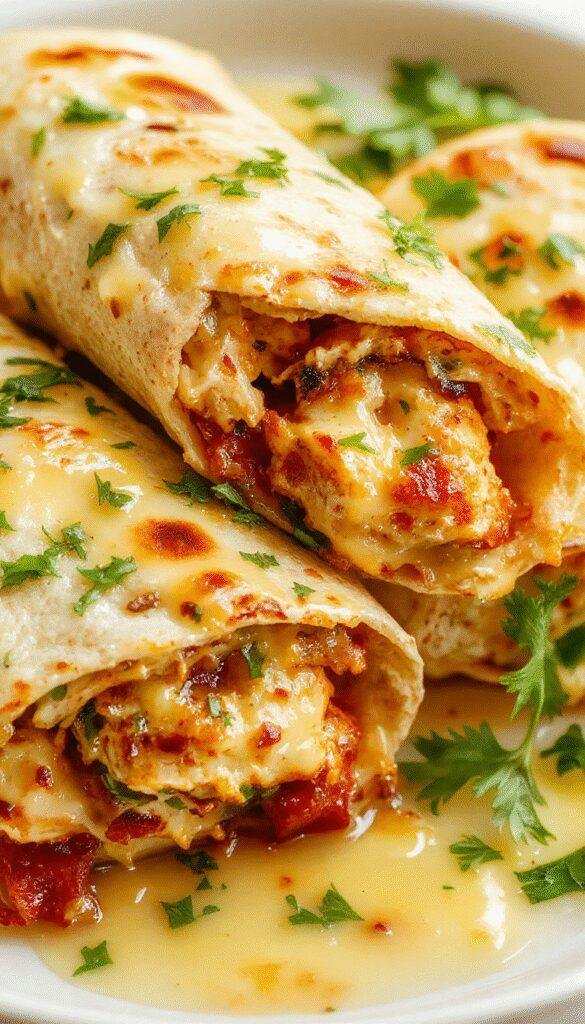 A close-up of cheesy chicken wraps filled with grilled chicken, melted cheese, fresh vegetables, and a creamy sauce, elegantly rolled on a plate.