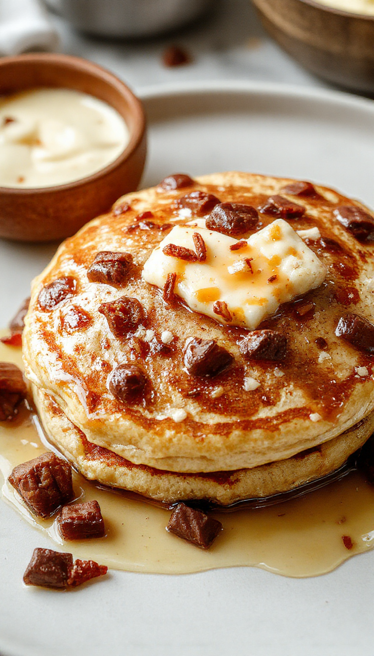 A stack of fluffy protein pancakes topped with fresh berries and drizzled with syrup on a white plate