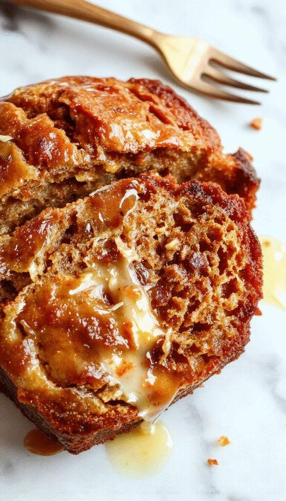 A slice of warm honey vanilla banana bread on a rustic wooden plate garnished with a sprig of fresh mint, next to a cup of tea.
