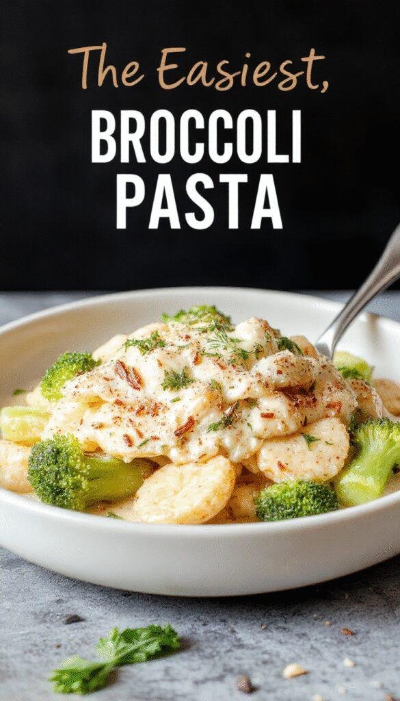 A plate of creamy broccoli pasta garnished with grated cheese and fresh herbs, served on a rustic wooden table.