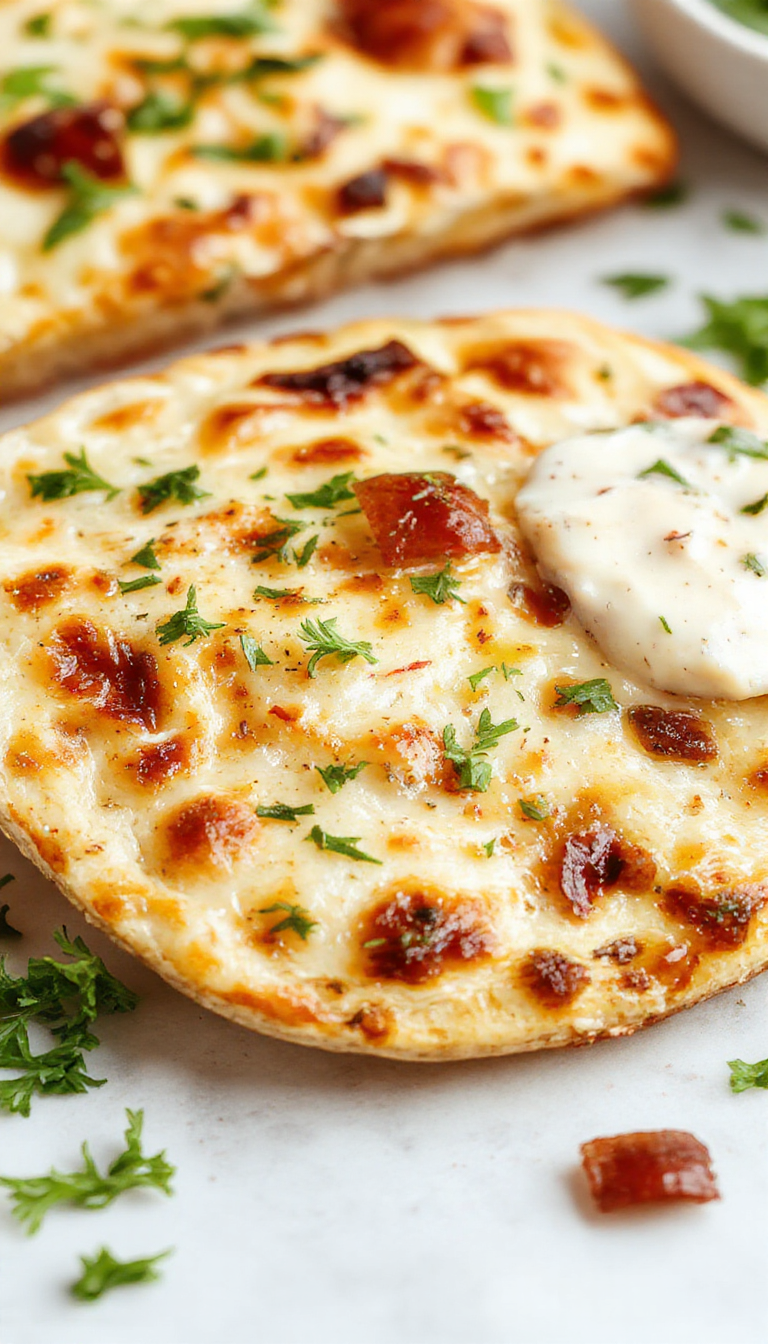 A freshly baked high-protein flatbread topped with herbs and sesame seeds, displayed on a rustic wooden board with a knife beside it.