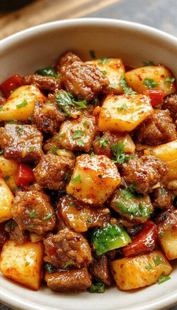 Colorful beef and vegetable stir fry in a wok with vibrant bell peppers, broccoli, and sliced beef glistening in a savory sauce