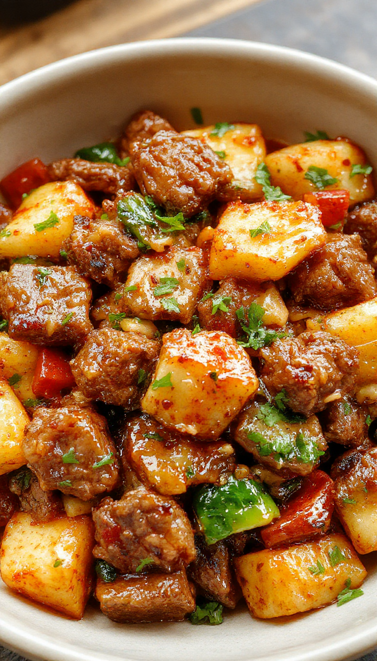 Colorful beef and vegetable stir fry in a wok with vibrant bell peppers, broccoli, and sliced beef glistening in a savory sauce