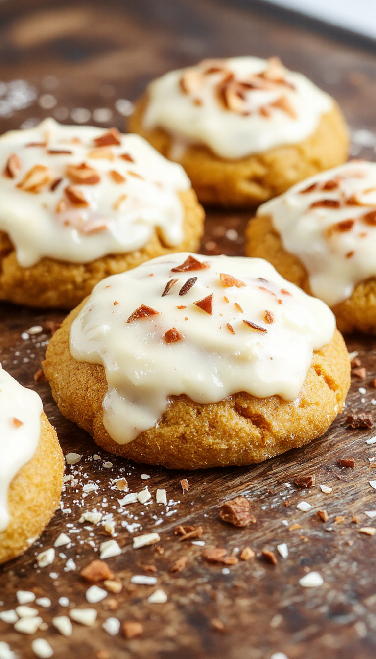 A plate of freshly baked pumpkin cookies topped with warm cinnamon frosting, surrounded by cinnamon sticks and pumpkin slices.