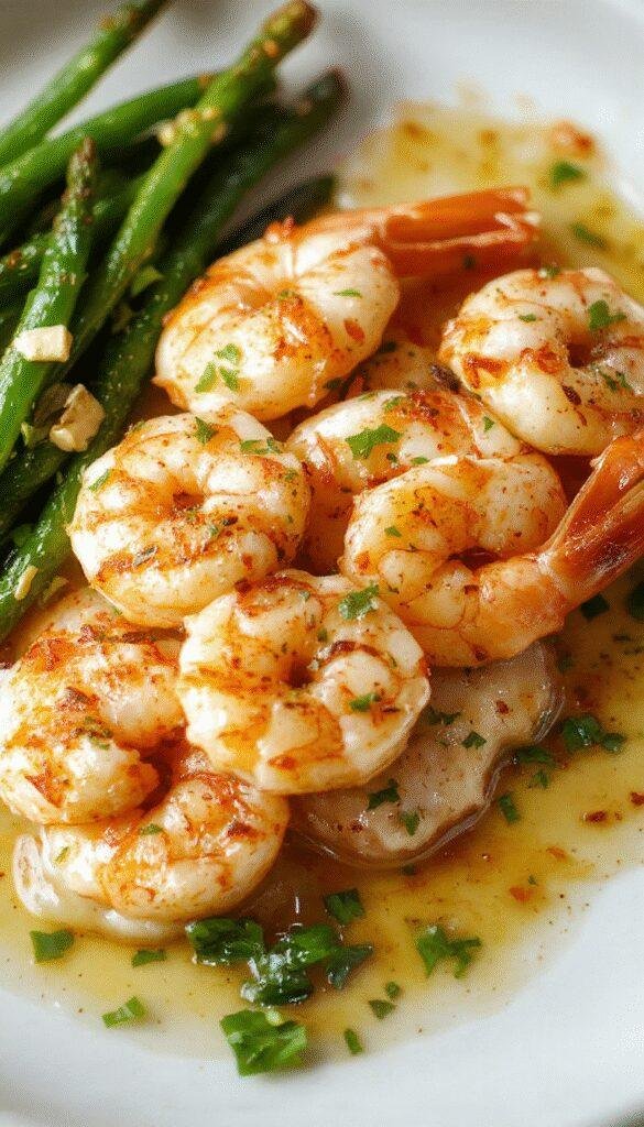 A vibrant plate of perfectly cooked shrimp garnished with fresh herbs, served with colorful vegetables on a modern plate.