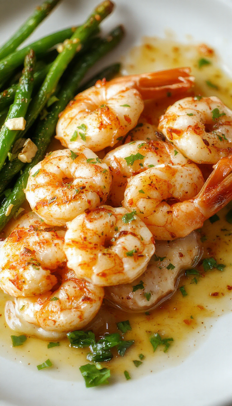 A vibrant plate of perfectly cooked shrimp garnished with fresh herbs, served with colorful vegetables on a modern plate.