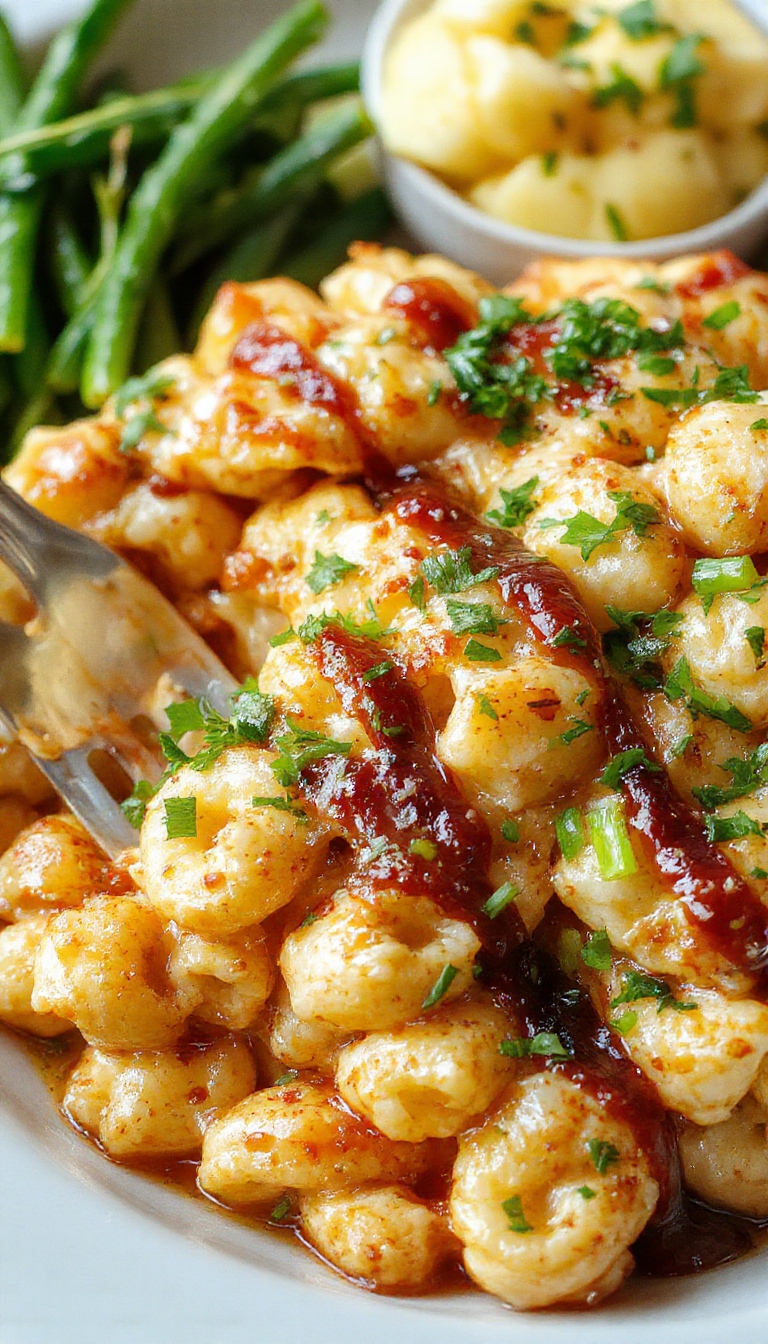 A creamy bowl of BBQ Chicken Mac & Cheese topped with shredded cheese and chopped herbs, served in a rustic bowl.