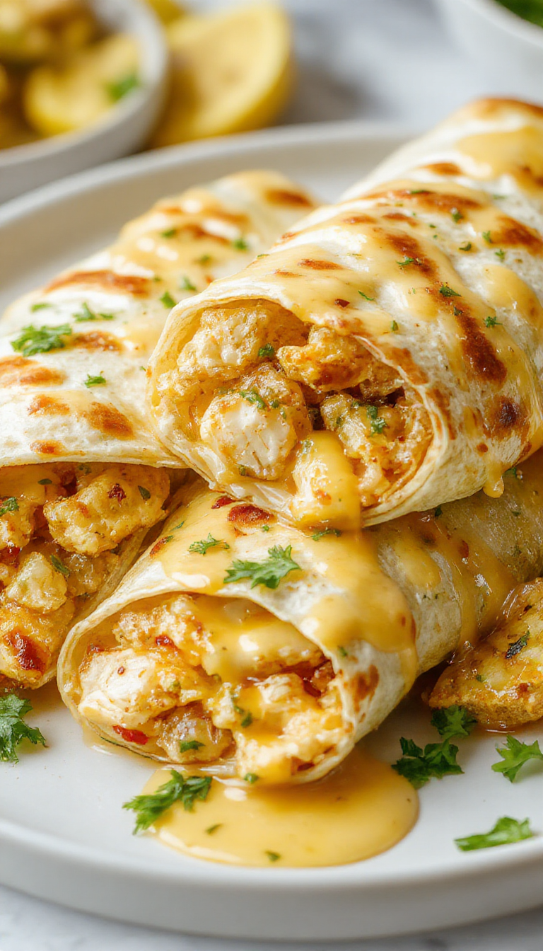 A plate of cheesy garlic chicken wraps filled with melted cheese, crispy chicken pieces, fresh lettuce, and a drizzle of garlic sauce, all wrapped in a soft tortilla.