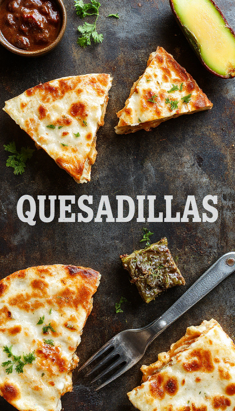 A plate showcasing golden-brown cheesy quesadillas filled with melted cheese and fresh toppings, garnished with herbs.