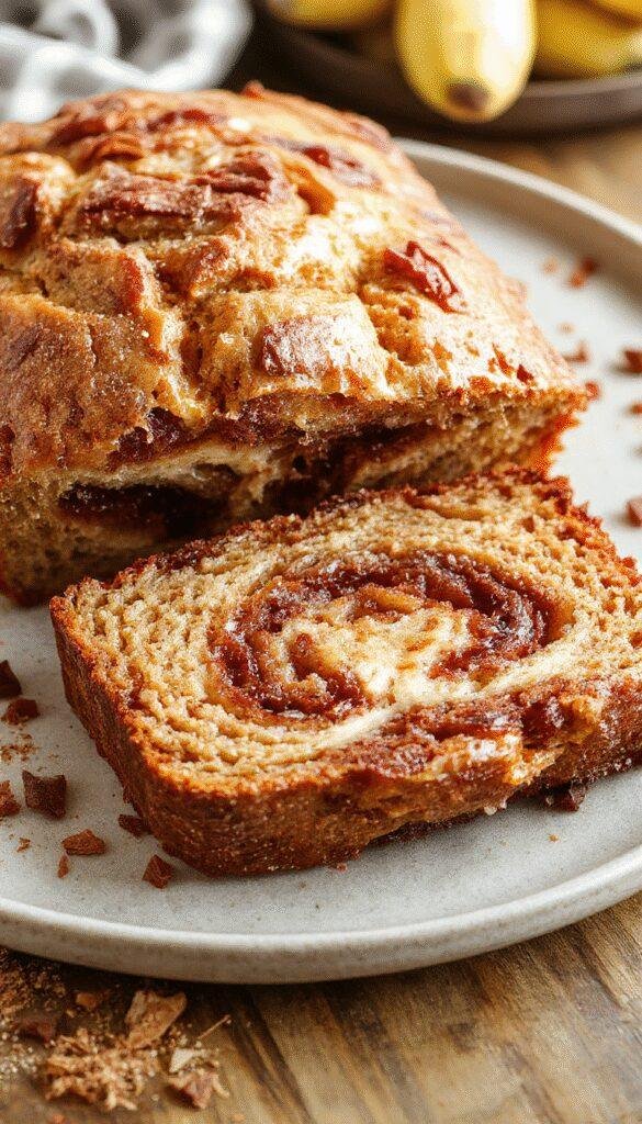 A freshly sliced Banana Bread Loaf with swirls of cinnamon on a rustic wooden cutting board