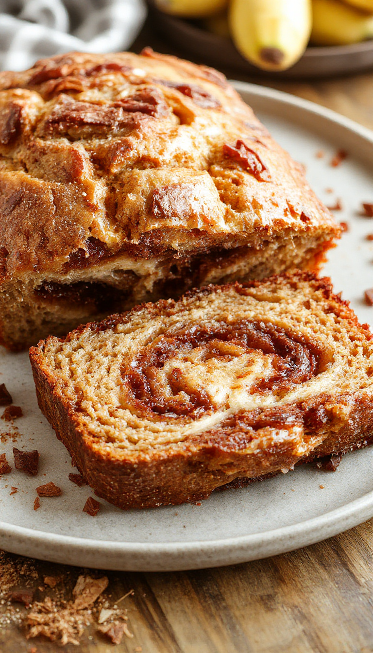 A freshly sliced Banana Bread Loaf with swirls of cinnamon on a rustic wooden cutting board