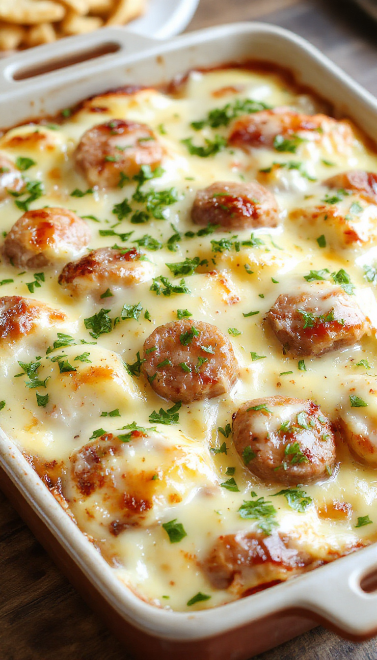 A hearty plate featuring cheesy ranch potato casserole topped with smoked sausage slices and fresh herbs, inviting comfort food ambience.