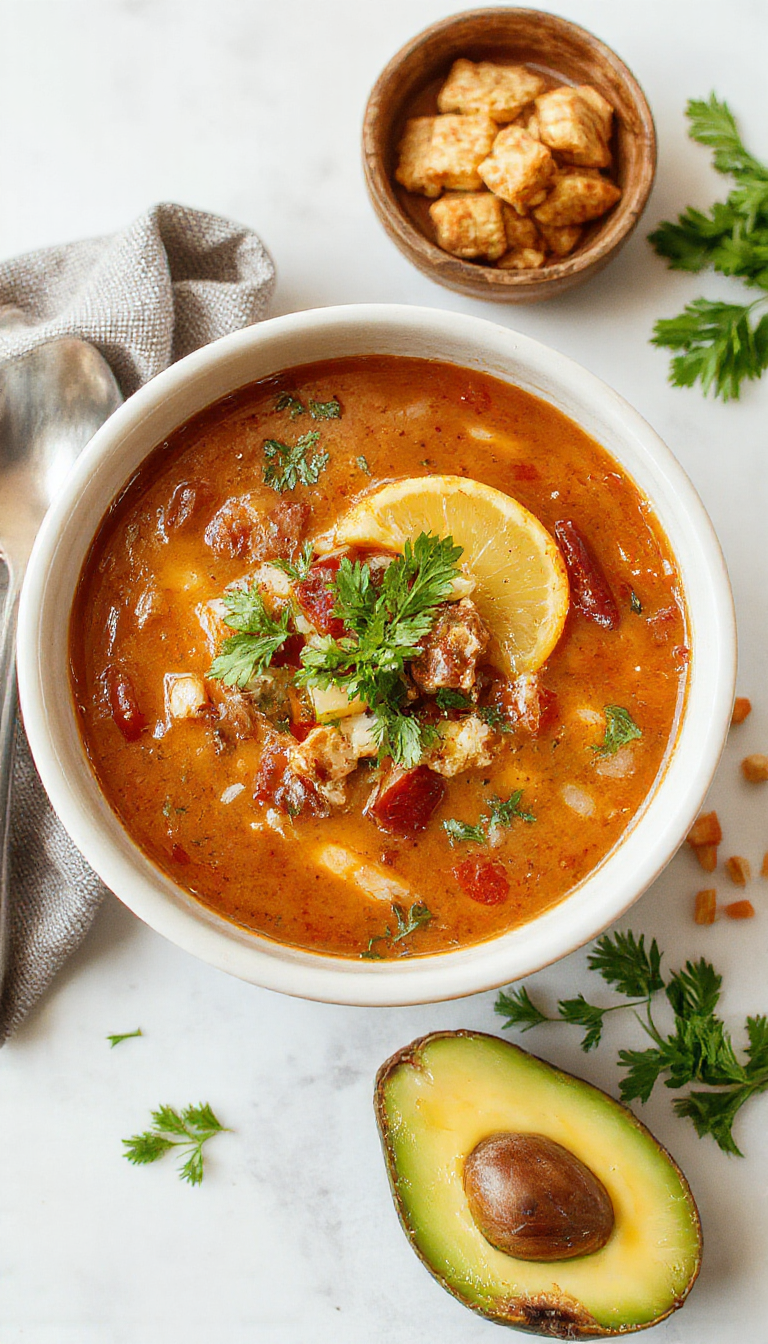 A steaming bowl of Mexican-inspired soup garnished with fresh cilantro, lime wedges, and colorful vegetables, served with tortilla chips on the side.
