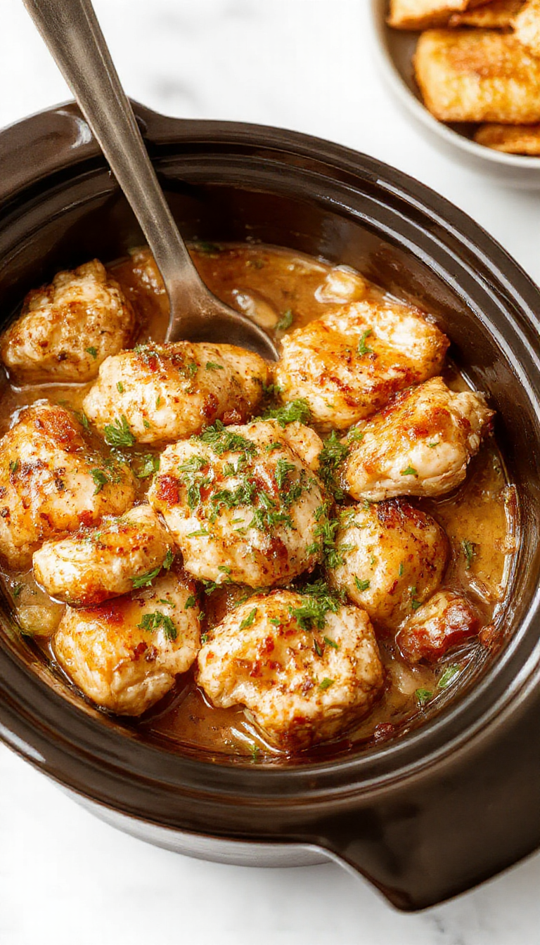 A hearty crockpot filled with tender shredded chicken, colorful vegetables, and herbs, ready to serve a comforting dinner.