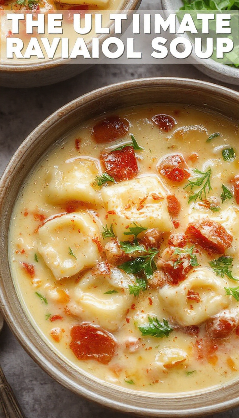 A bowl of creamy ravioli soup garnished with fresh herbs, surrounded by a rustic wooden table with bread on the side.