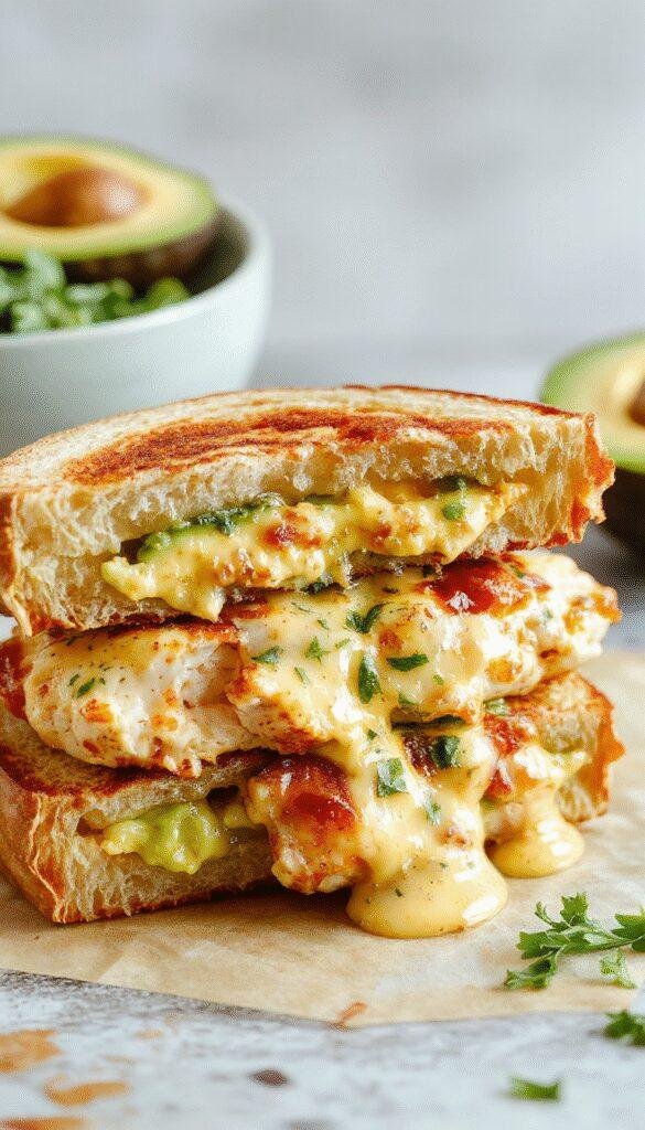 A close-up of a creamy avocado chicken melt sandwich with melted cheese, fresh avocado slices, and crispy toasted bread, garnished with herbs.