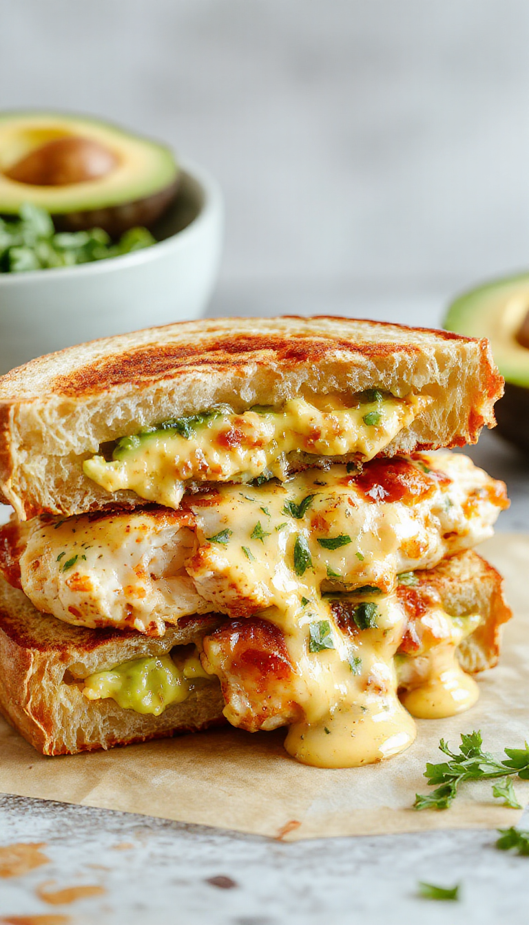 A close-up of a creamy avocado chicken melt sandwich with melted cheese, fresh avocado slices, and crispy toasted bread, garnished with herbs.