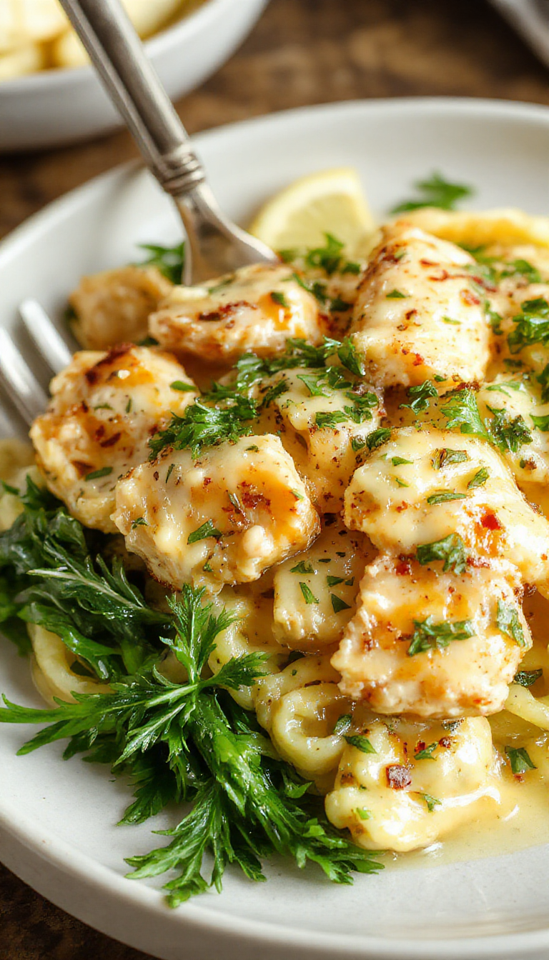 A plate of creamy chicken Alfredo pasta garnished with parsley, showcasing tender chicken slices and rich, velvety sauce atop fettuccine noodles.