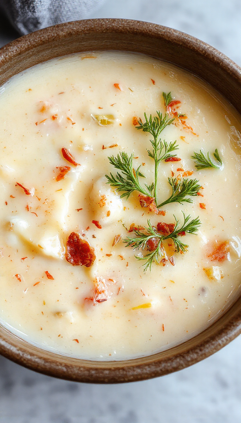 A steaming bowl of creamy keto comfort soup garnished with fresh herbs and crispy bacon bits, served in a cozy setting.