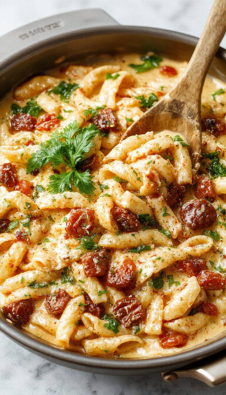 A vibrant skillet of creamy veggie pasta featuring colorful vegetables like bell peppers, spinach, and cherry tomatoes garnished with herbs