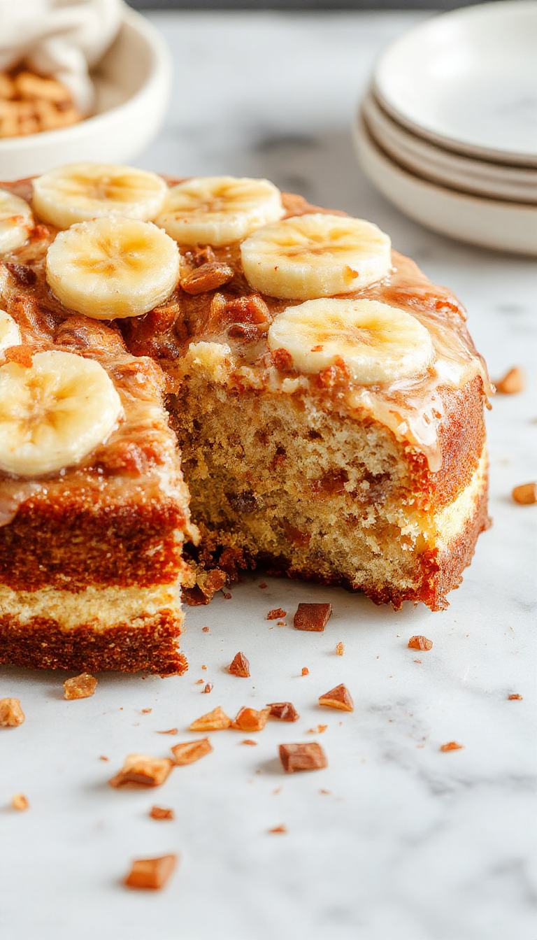 A beautifully sliced banana cake layered with frosting, topped with fresh banana slices and colorful sprinkles, ready for serving at a gathering.